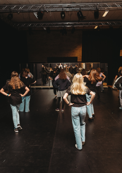 Foto af piger som står med ryggen til mod et spejl og danser
